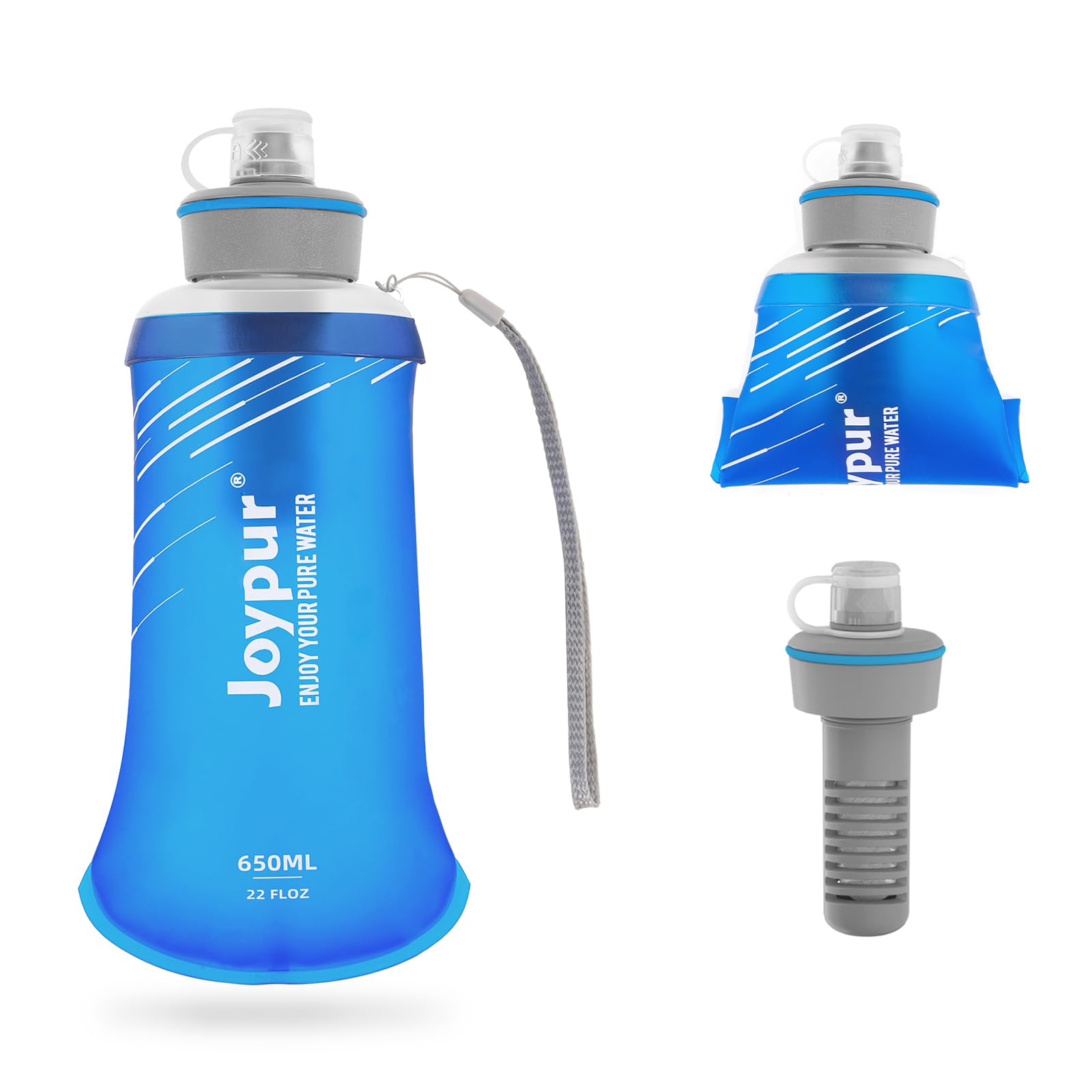 Wasserfilter Flasche 650 ml mit Aktivkohle & Ultrafiltration – 3-Stufen Outdoor Wasserfilter für Trinkwasser, BPA-frei, faltbare Trinkflasche für Camping, Wandern, Notfallvorsorge (Blau)