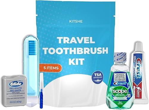 Juego de cepillos de dientes de viaje prémium Cepillo de dientes de viaje aprobado por la TSA, hilo dental, enjuague bucal, limpiador de dientes y