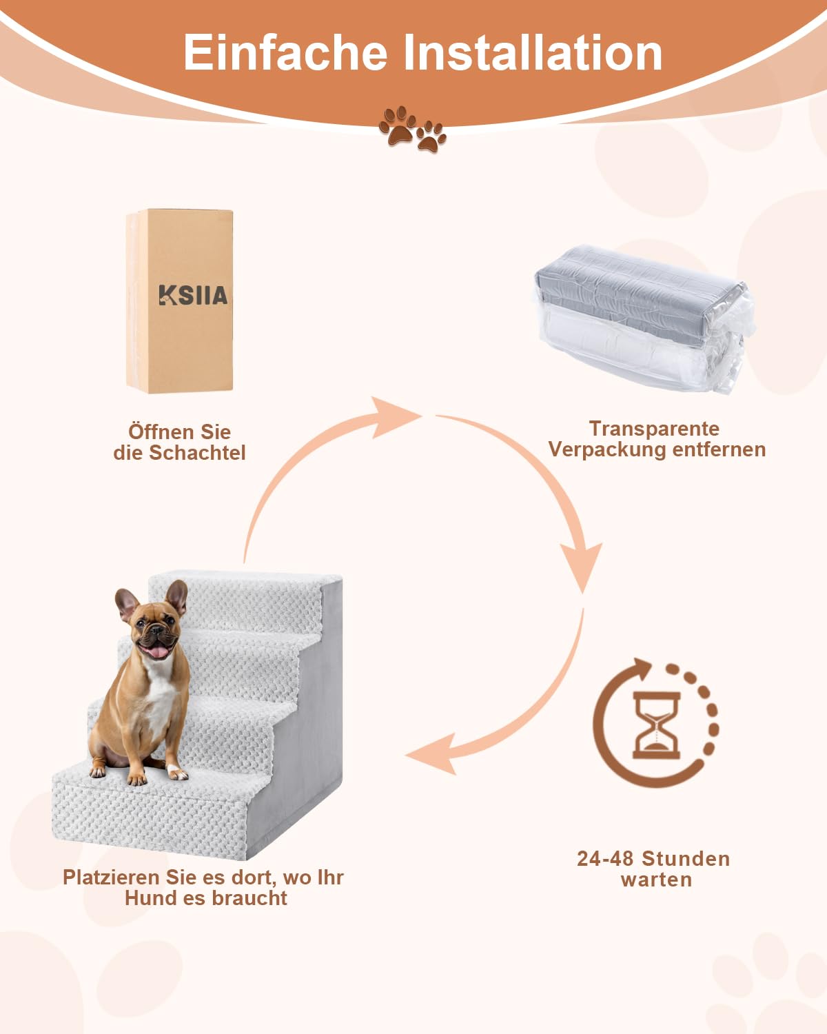 KSIIA Hundetreppe für Kleine Hunde 44cm Hoch, Haustiertreppe mit Abnehmbarem Waschbarem Bezug, Katzentreppe für Alte Katzen Hunde, Rutschfestem Hunderampe Hundetreppe für Bett Sofa, Grau