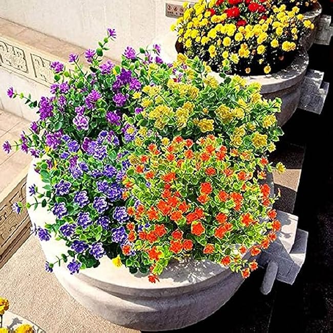 6 Bundles Artificial Fall Flowers for Outdoors,UV Resistant Fake Plastic Plants Artificial Shrubs Fall Flowers Decor of Vase and Outside Window Box, Ferns Plants for Planter-Yellow