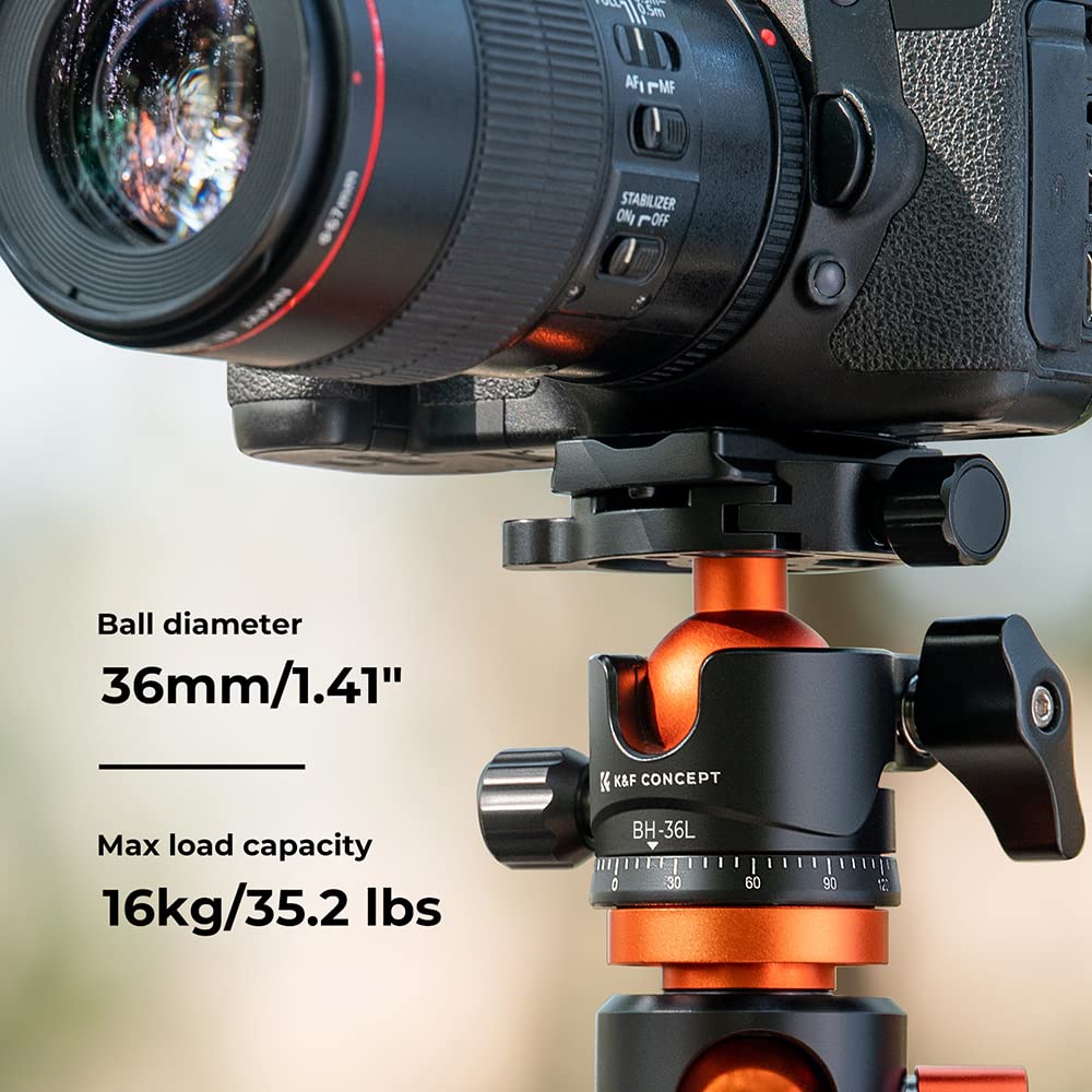 K&F Concept Testa a sfera per treppiede in metallo da 36 mm Rotazione a 360 gradi Panoramica con piastra a sgancio rapido da 1/4 di pollice Livella a bolla Capacità di carico fino a 35,2 libbre/16 kg