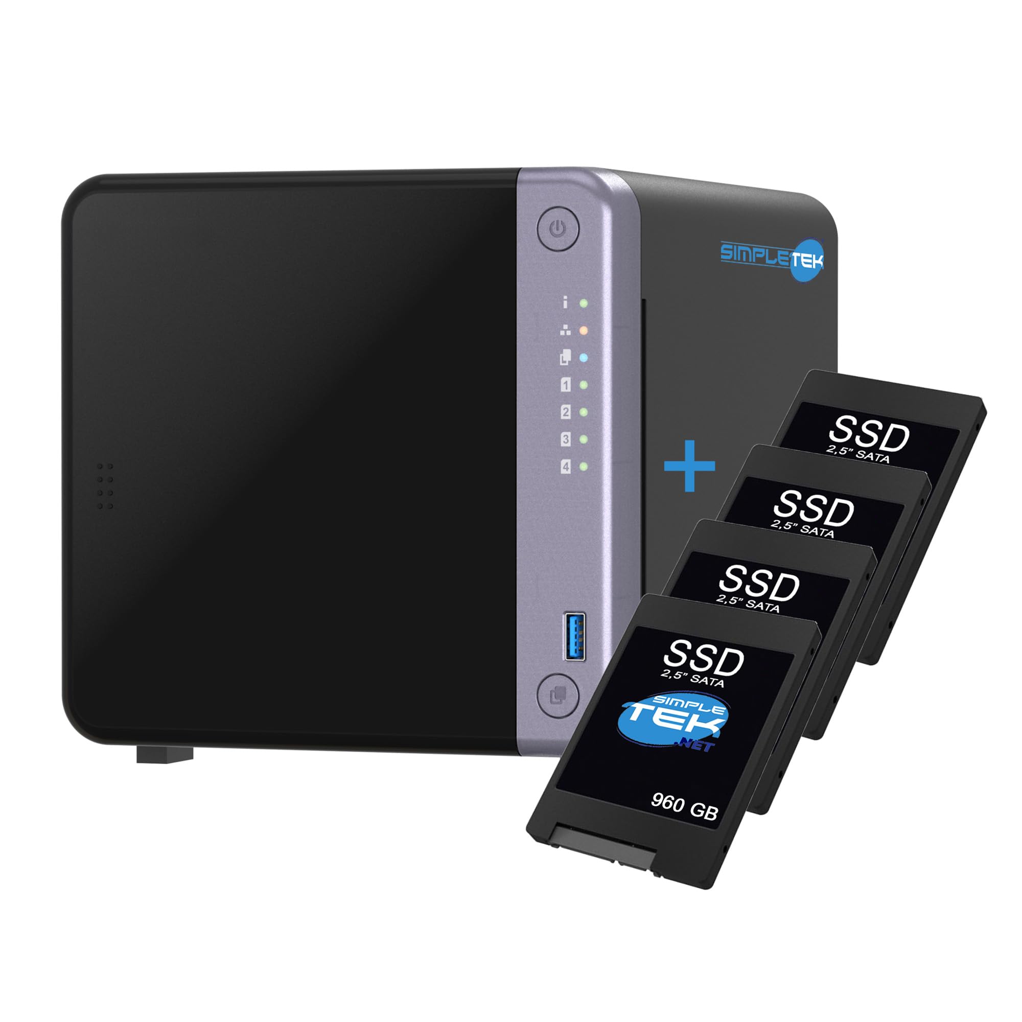 SIMPLETEK - Profesjonalny 4-komorowy serwer NAS - 10 GbE SFP+ i 2,5 GbE - 4 GB RAM (maks. 16 GB) - w zestawie 4 x dysk SSD 960 GB, 2 gniazda M.2 NVMe - podwójny port 2,5 GbE (odnowiony)