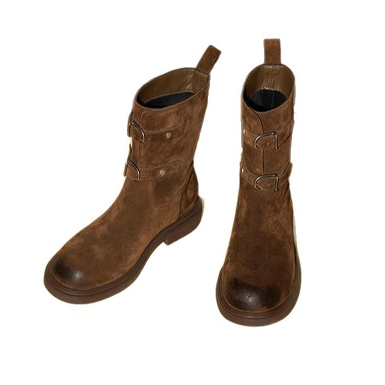 Womens Suede Low Heel Western Cowboy Distressed Mid-Calf Boot Stylish Soft Wide Calf Round Toe Pull On Non-Slip