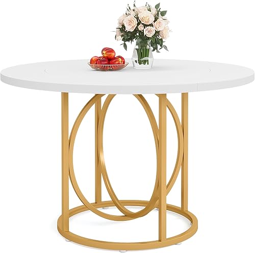 Miniatura 8 de Tribesigns Mesa de comedor redonda moderna para 4-6, mesa de cocina blanca de 47 pulgadas con base dorada, mesa de centro de madera para comedor del