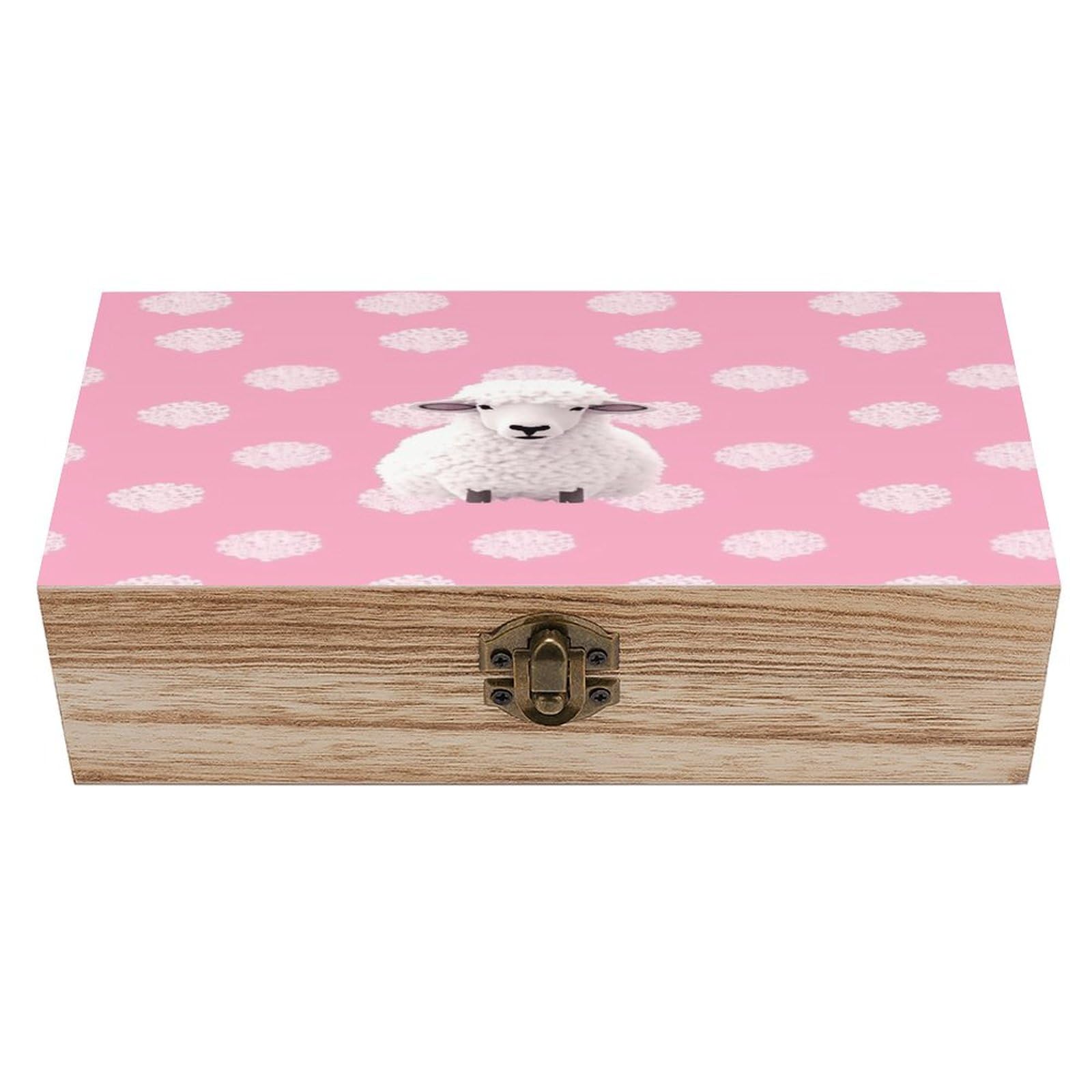 Boîte de rangement en bois mouton blanc avec couvercle et fermoir sécurisé