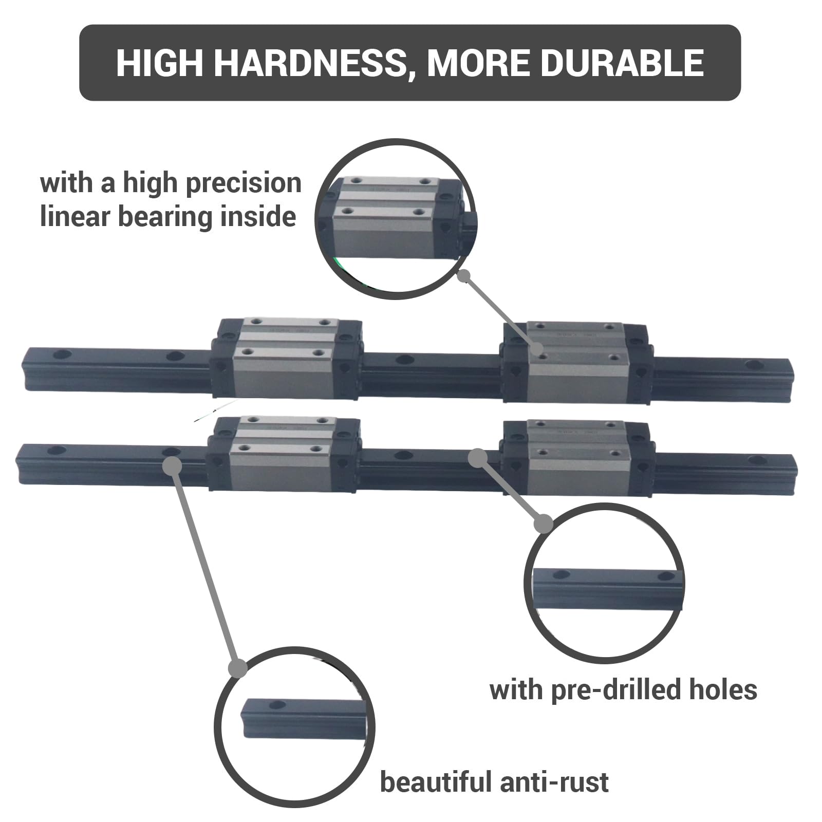 HGR20 Lot de 2 rails linéaires 400 mm noirs avec 4 blocs de glissière HGH20CA 20 mm Kit de glissement pour imprimante 3D DIY