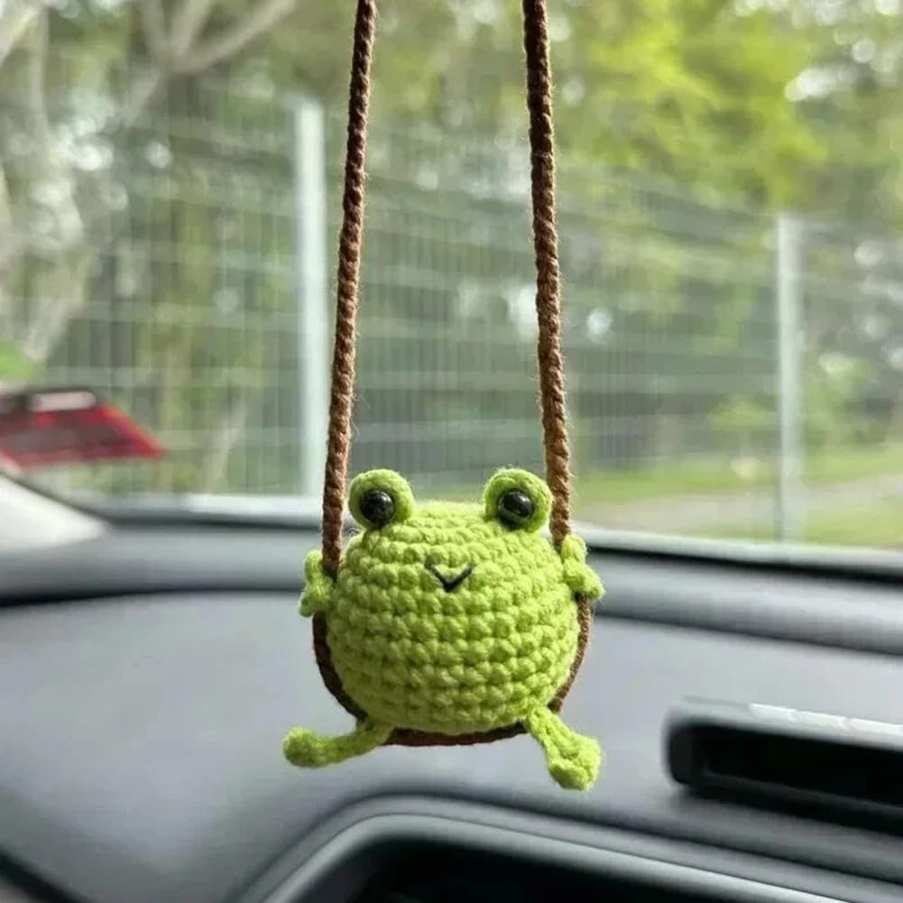 Crochet Hanging Car Accessories Car Cartoon Animal Rearview Mirror Crochet Swing Pendant Ornament Accessories with Duck Penguins Rabbit Dinosaur Chick Small Frogs