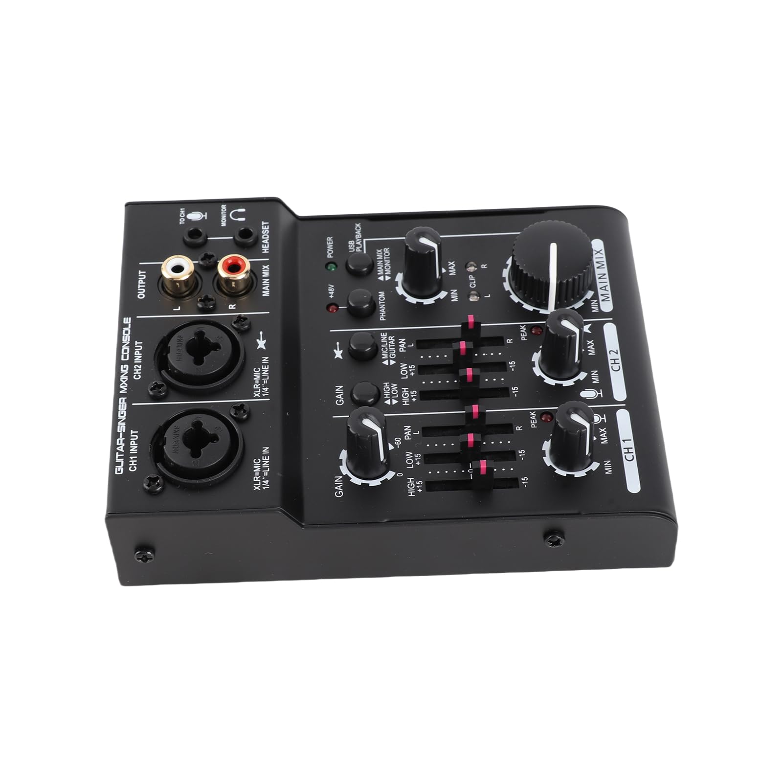 POENVFPO Mixer Audio USB a 2 con Alimentazione Phantom 48 V, Ingresso/uscita Stereo, Misuratori di Livello LED, Ingressi XLR e 1/4 di Pollice per DJ, Registrazione in Home Studio