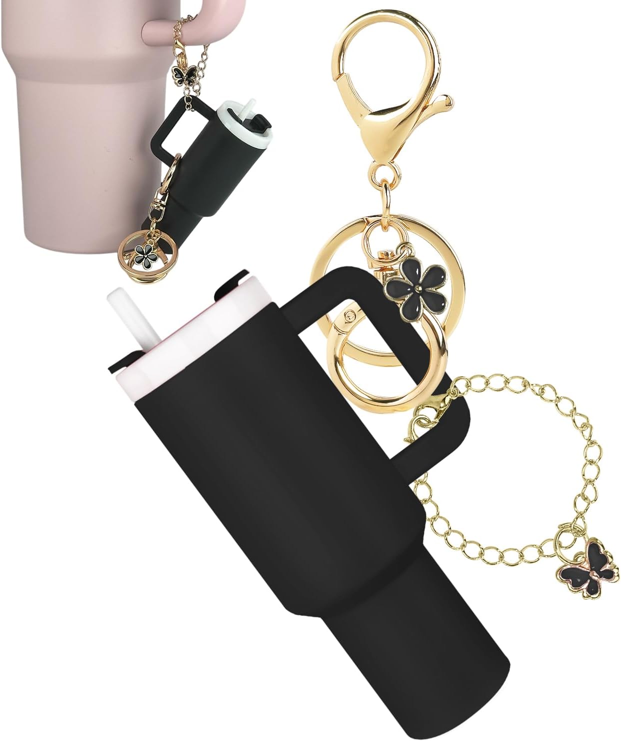 mini tumbler keychain accessories for stanley cup, 2 way cute charms chapstick lip balm holder for women purse handbag black