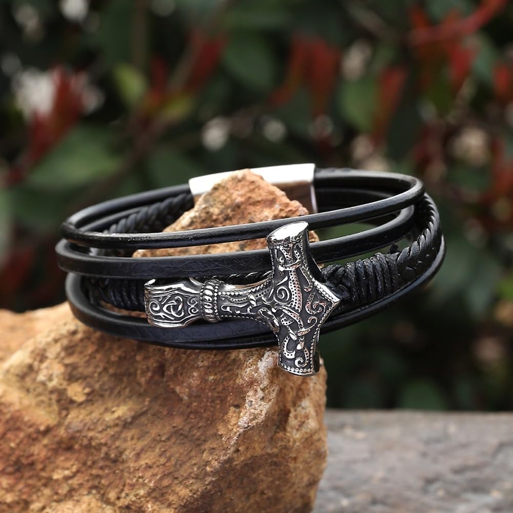 BALMAIN HOMME パイソンレザーブレスレット Mens Viking Mjolnir Leather Bracelet - Norse Vintage Multilayer