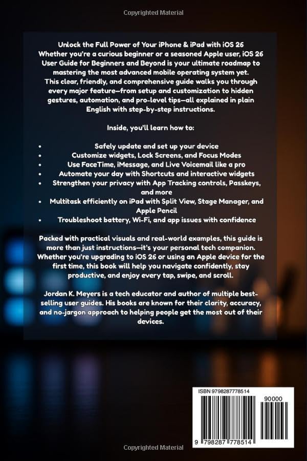 Back cover of the iOS 26 User Guide for Beginners and Beyond book.