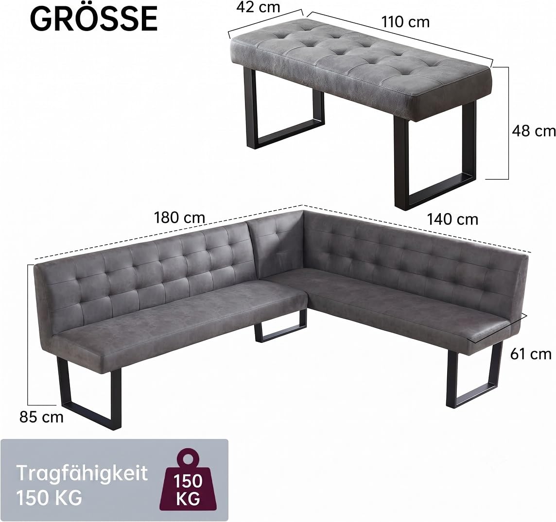 JIEXI Eckbank-Set mit Esstisch, Grau, Gepolsterte Tufting-Bänke, L-Form, 180 x 140 cm, Sitzhöhe 48 cm (180cm Eckstuhl mit Linkskurve + Bank, ohne Tisch)