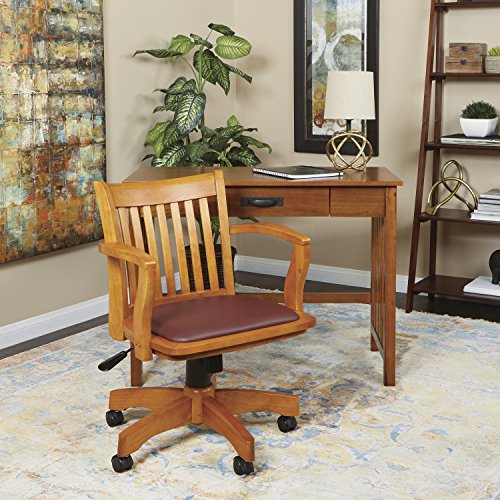 Osp Home Furnishings Deluxe Wood Banker's Desk Chair With Padded Seat, Adjustable Height And Locking Tilt, Fruitwood Finish And Brown Vinyl #TOP1