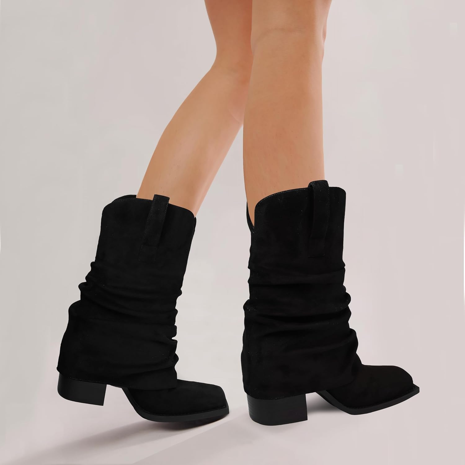 Cowboy Boots for Women Cowgirl Mid Calf Square Toe Fold Over Chunky... - Picture 21 of 56