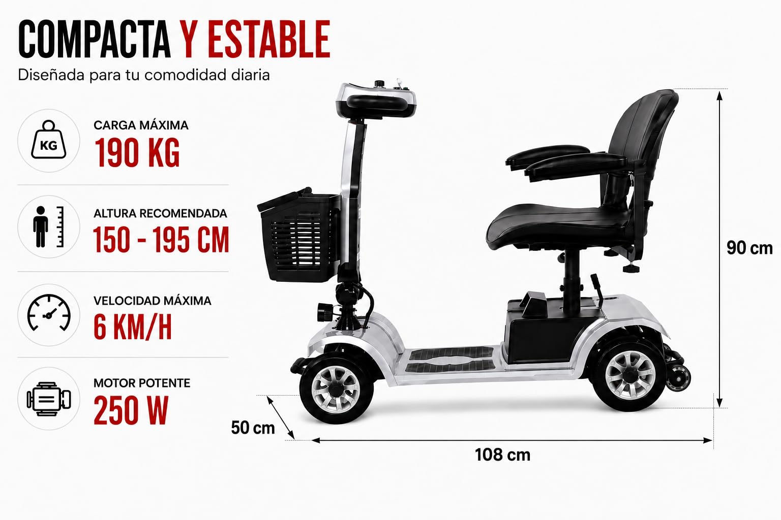 Scooter de Movilidad Plegable 4 Ruedas 35 km Plata | Autonomía de hasta 35 km, capacidad máxima de 190 kg y asiento giratorio cómodo.