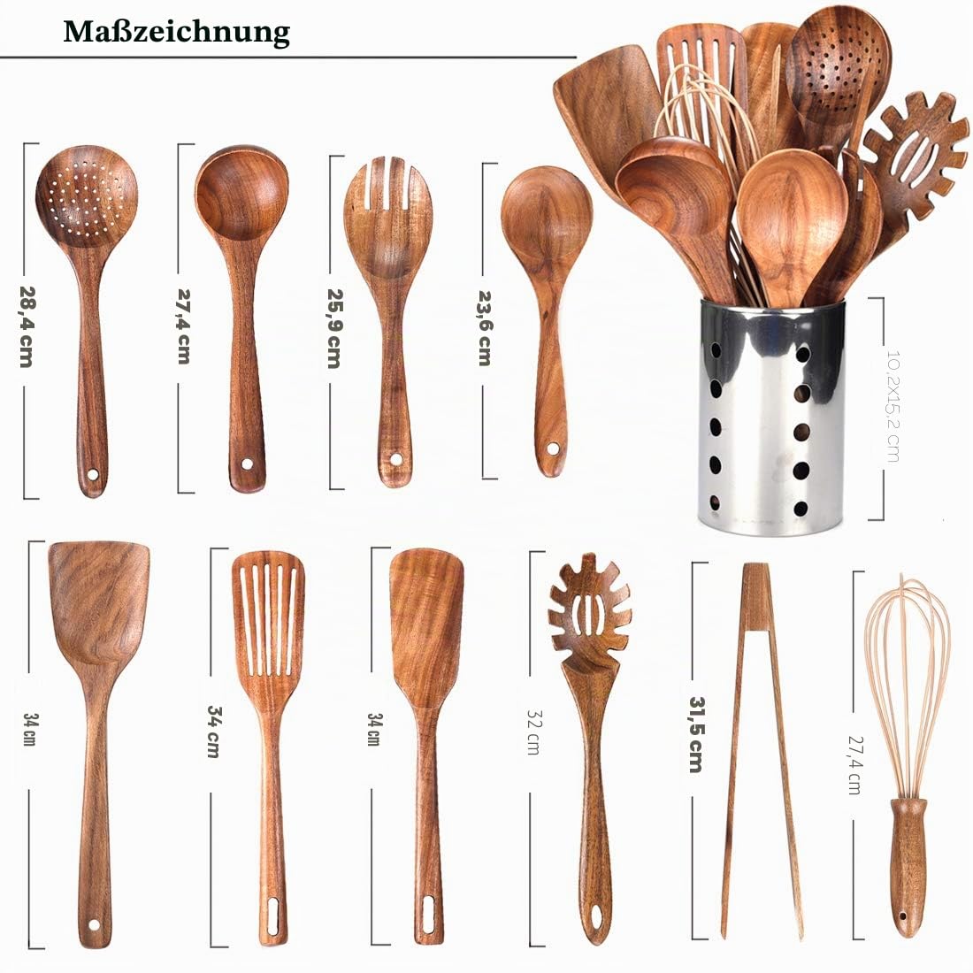 AIUHI Küchenhelfer-Set aus Teakholz, 11-teilig mit Halter, Pfannenwender und Schöpfkelle