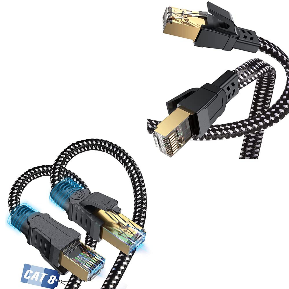 SWECENTCat 8 Ethernet Cable 10ft,Nylon Braided High Speed Heavy Duty 40Gbps 2000Mhz 26AWG Network LAN Patch Cord,Cat 8 Ethernet Cable 3.3ft Flat Network LAN Patch Cord SFTP RJ45 Internet Cable