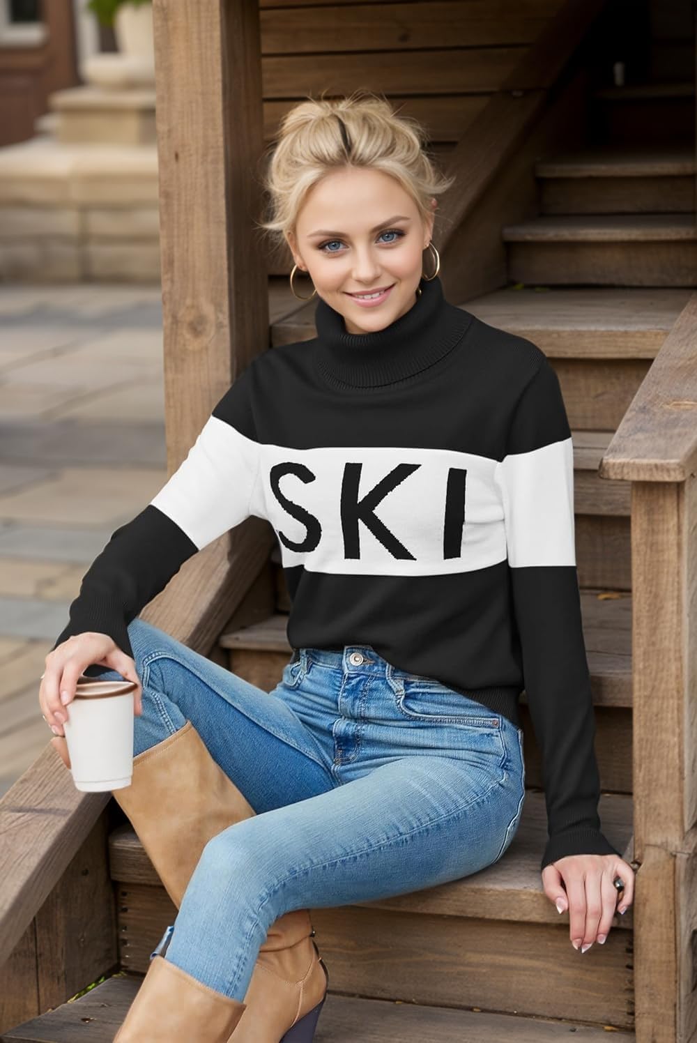 Women Turtleneck Sweater Warm Shirts Apres Ski Shirt with Ear and Thumb Holes Winter Skiing Snow Trip Party Fit - Image 5