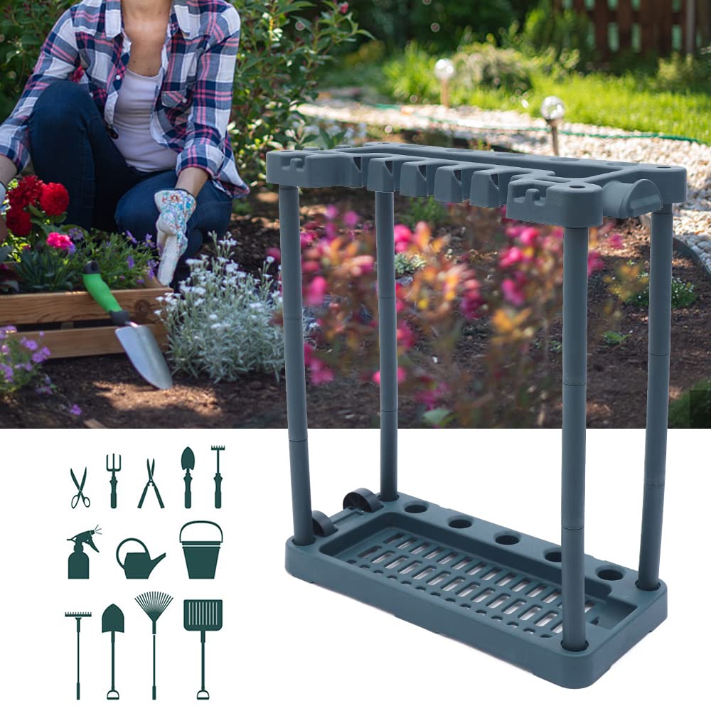 Garden Tool Rack, Outdoor Garage Utility Tool Long Handle Broom Mop Holder Tower Garden Organizer 2 Wheels Storage Rack Lawn Holder