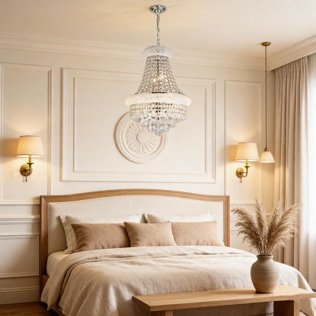 Nowoczesne srebrne kryształowe żyrandole do jadalni, Smart Dimmable Luxury 6-Light Empire Style K9 Crystal Lighting Fixture do salonu, sypialni, średnica 42 cm