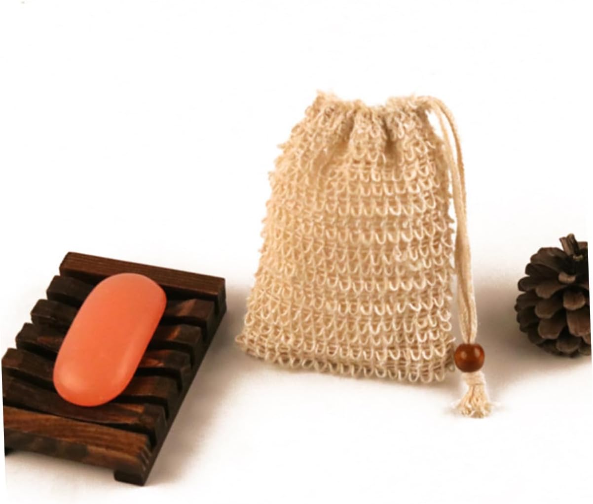 Linen Bubble Making Net Soap Bag Wooden Rack for Bathroom image 3