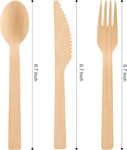 Miniatura 6 de Juego de 200 cubiertos desechables de bambú  Juego de cubiertos de bambú 100% ecológico con 100 tenedores, 50 cucharas y 50 cuchillos, perfectos
