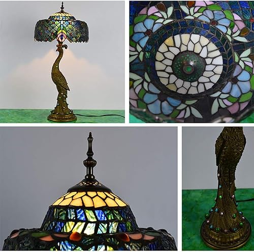 Miniatura 4 de Lámpara de mesa Tiffany de pavo real, lámpara de escritorio con base de resina retro, pantalla de pavo real para sala de estar, dormitorio,