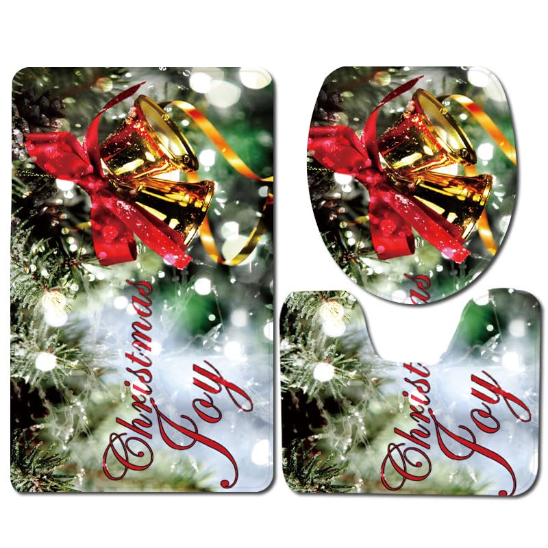 Bad Teppiche Set Goldene Glocke Weihnachten Badezimmerteppich Waschbar WC Vorleger mit Ausschnitt und WC Deckelbezug 3 Teilig Badematte rutschfest Toilettensitzbezug Badgarnitur 50x80 cm