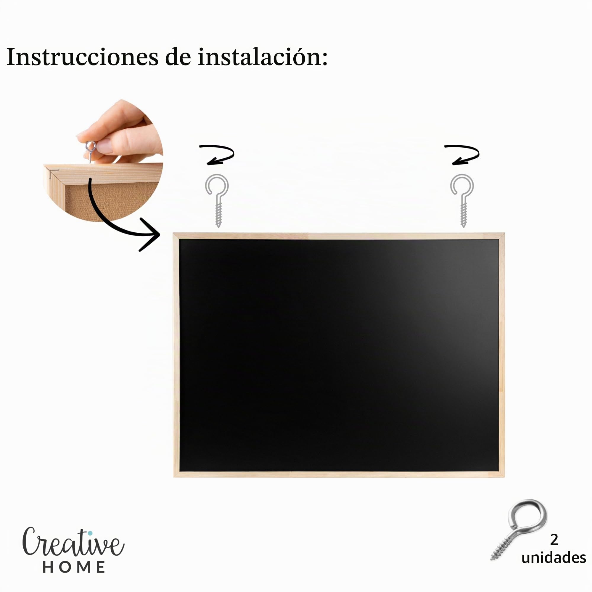 Creative Home 80 x 60cm (+-2cm) Pizarra Magnética de Tiza Negra Combo 2 en | 1 | Marco de Madera de Pino Natural | para Hogar, Oficina, Escuela | Fabricada en la UE | 2 Ganchos de Montaje Incluidos