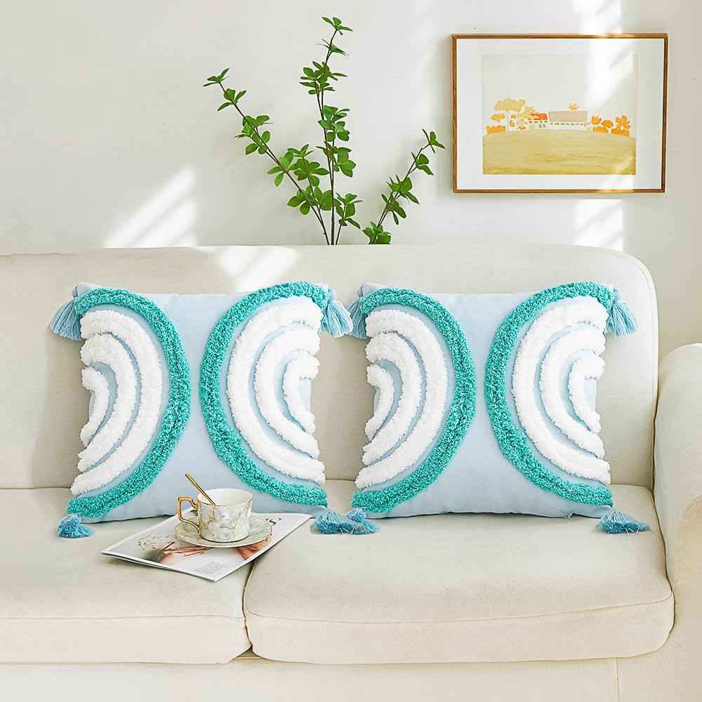 Rainbow Textured Throw Pillow Covers 18x18 Set of 2 Soft Decorative Tufted Pillow Covers Boho Tassels Woven Cushion Case for Bed Sofa Farmhouse Living Room Hallowmas Blue