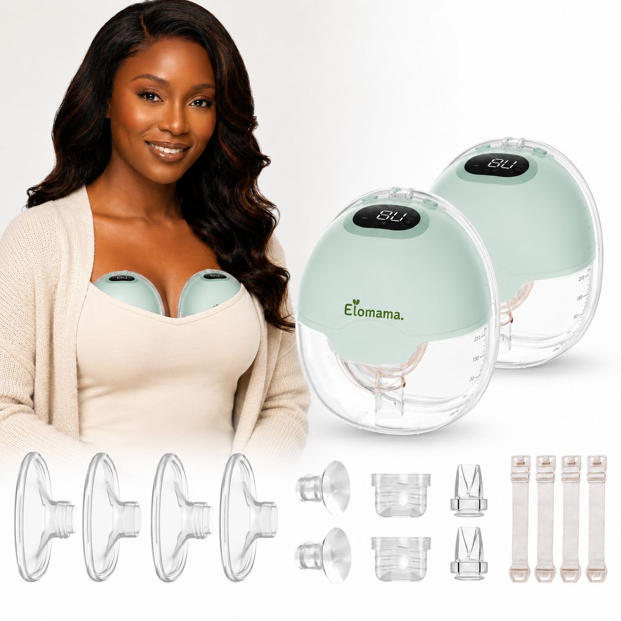 Elomama Hands Free Breast Pump, Wearable Portable Breast Pumps 3 Modes 9 Levels for Work, Travel & Night Use with LED Display, Green