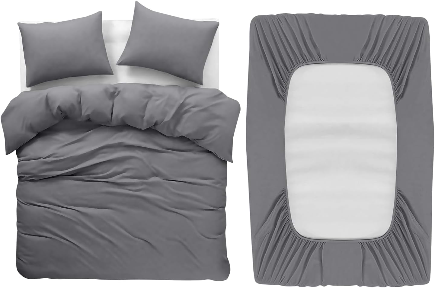 4 Piece Double Bedding Set Grey Duvet Cover Sets Fitted Sheet with Pilow cases Double Duvet Set Soft and Fade Resistant Brushed Microfiber Bedding Quilt Cover Set