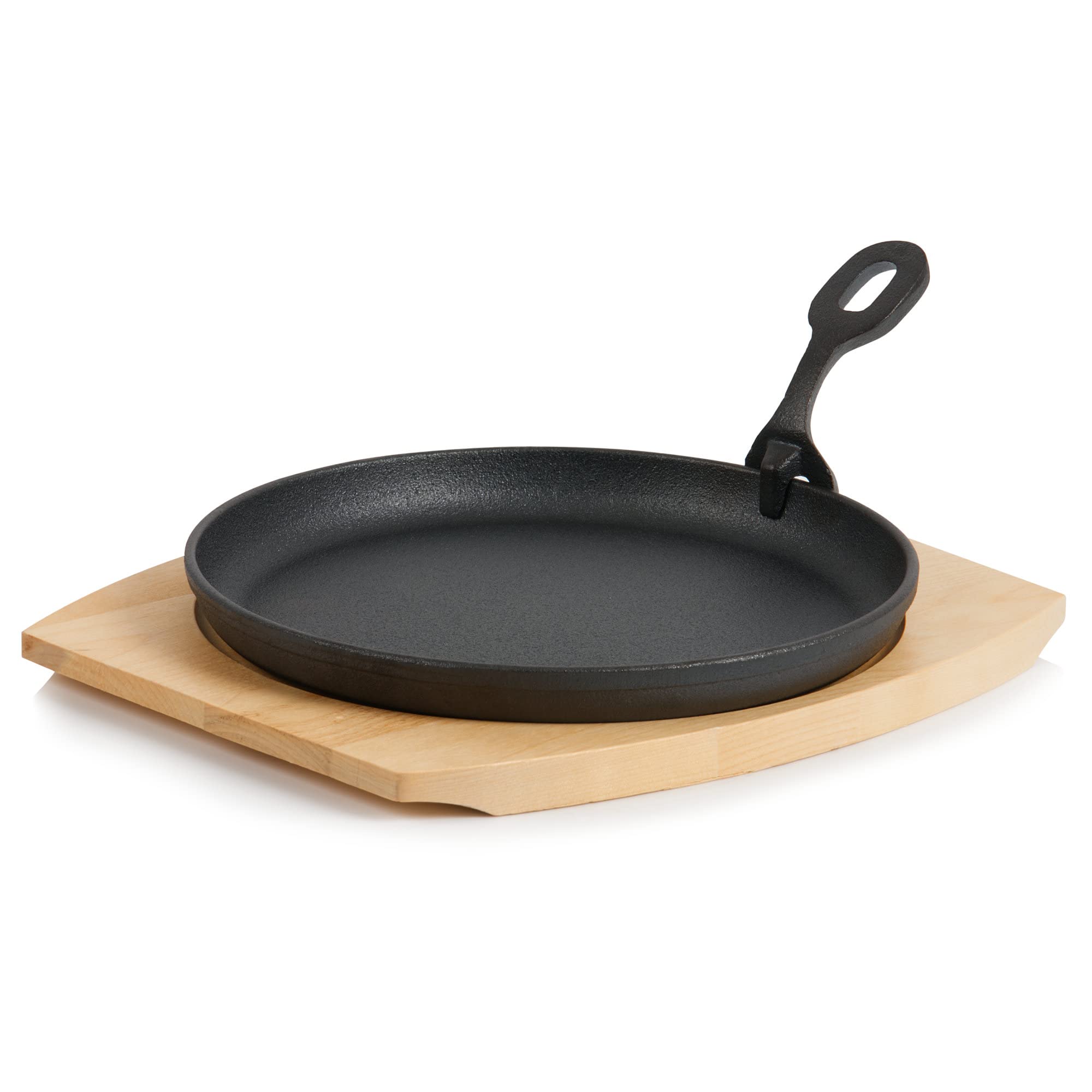 BBQ-Toro Gusseisen Servierpfännchen mit Holzunterlage (4 Stück) | Ø 22 cm - rund | bereits eingebrannt - preseasoned | Grillpfännchen mit abnehmbarem Griff | Gusseisenpfanne, Paella Pfanne