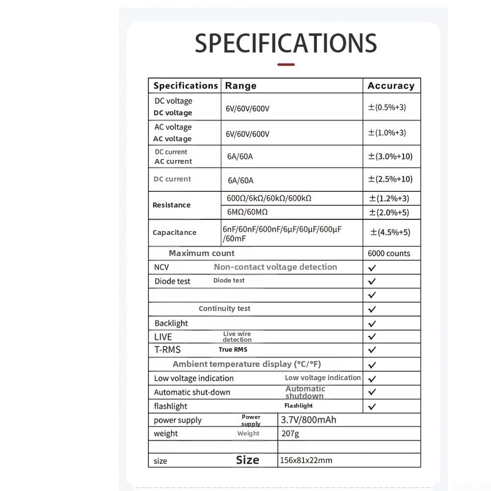 Multimetro intelligente ricaricabile 6000 conteggi per True RMS Touch Screen NCV Live Detector Tester di corrente di tensione per la casa fai da te 156x81mm