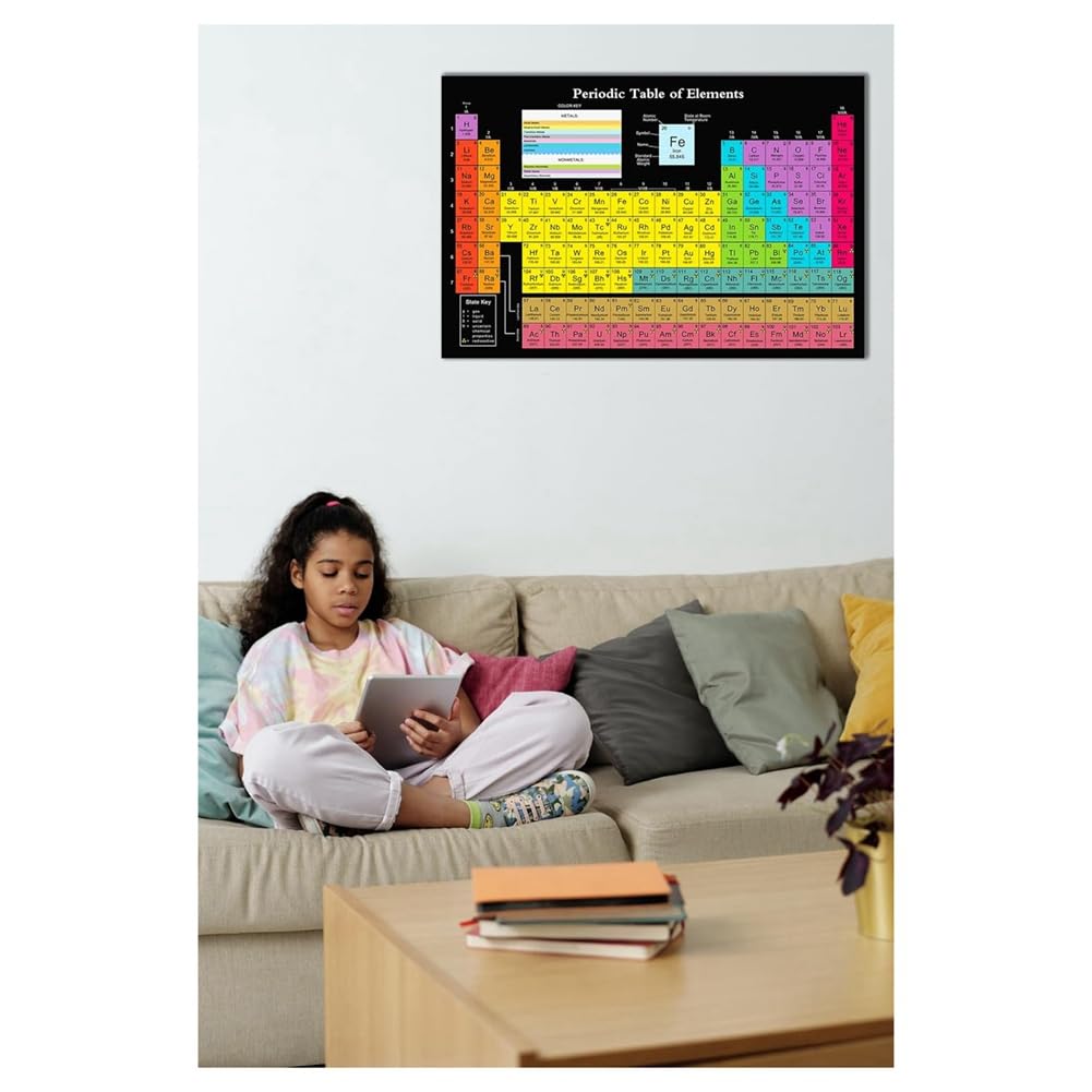 1 PCS Affiche Scientifique de Tableau Périodique de Toile avec des Éléments Réels, Noir 24X16 Pouces. Affiche de Tableau Périodique Chimique pour la Décoration de la Classe.