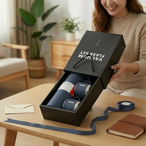 Miniatura 7 de Juego de regalo de frasco al vacío azul, botella de agua aislada de acero inoxidable con 3 tazas, botella térmica para bebidas calientes y frías,