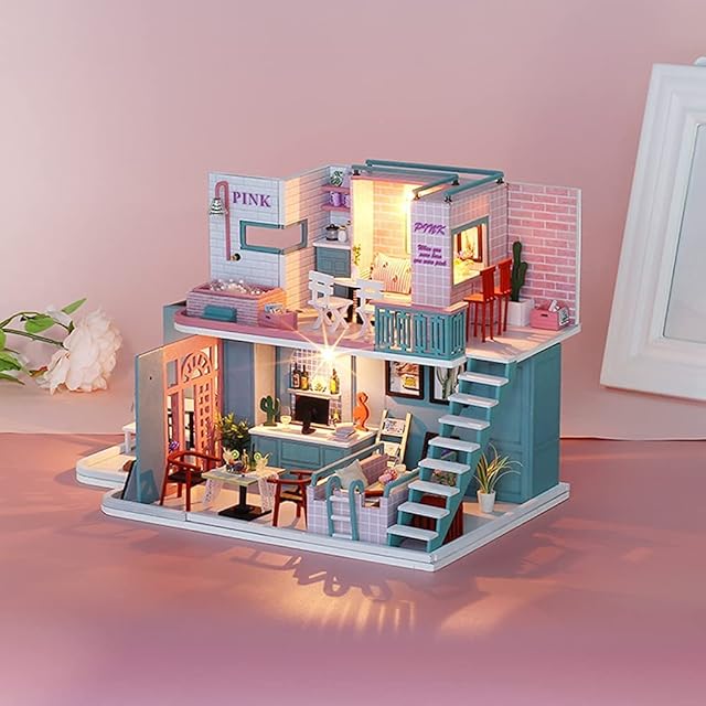 FUKEA DIY Dolls House Kit, DIY Miniature House Furniture Kit, Creative 1/24 Scale Mini Little Dolls House Room Model for Kids, Adult for Girls Children's Day Gift(Pink Cafe)