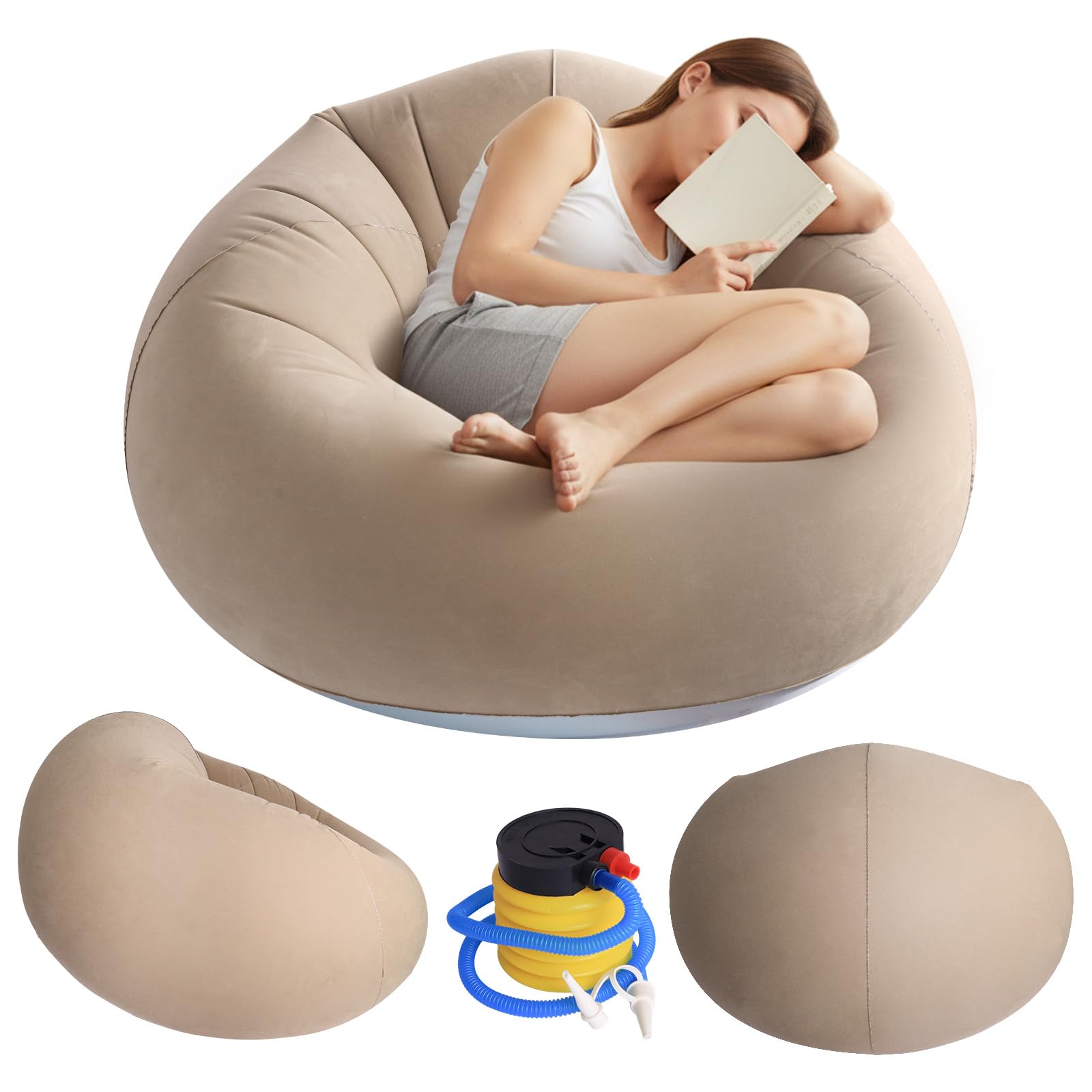 Air Sofa Lazy No Bean Bag, Aufblasbarer Sitzsack mit Luftpumpe, Aufblasbarer Sessel, Tragbares Sitzsack für Erwachsene, Camping, Strand, Pool
