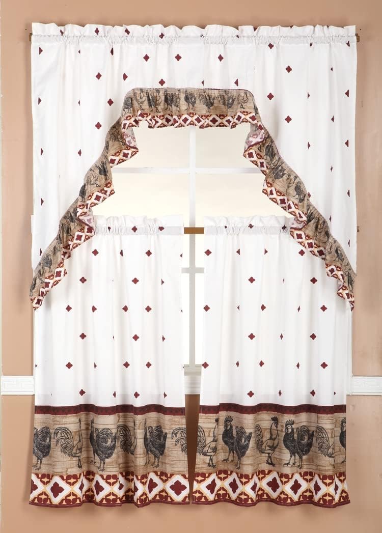 Diamond Home Linens 3PC Printed Kitchen Curtain Tiers and Swag Valance 36" Long Set (Multicolor/Fruit Basket)