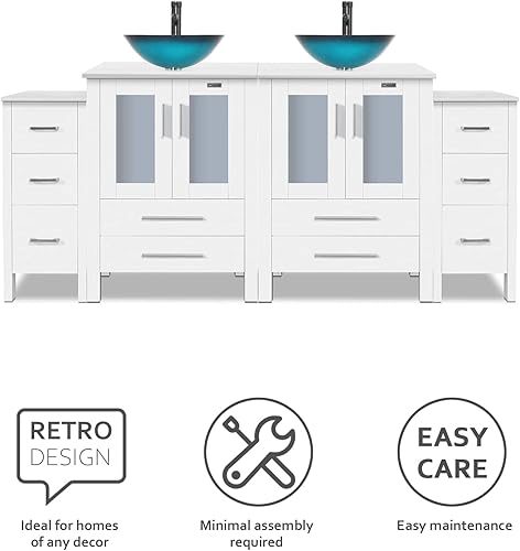 Miniatura 4 de eclife Juego de lavabo de tocador de baño de 72 pulgadas, color blanco con gabinetes laterales, color turquesa, cuadrado de vidrio templado, grifo