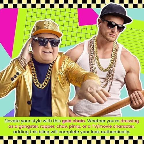 Fake Gold Chain Fancy Dress Jewellery for Men and Kids - Chunky Gold Necklace Costume Jewellery for 80s Fancy Dress Men - Gangster Chain for Rapper, Hip Hop Outfit or Pimp Costume - Image 5