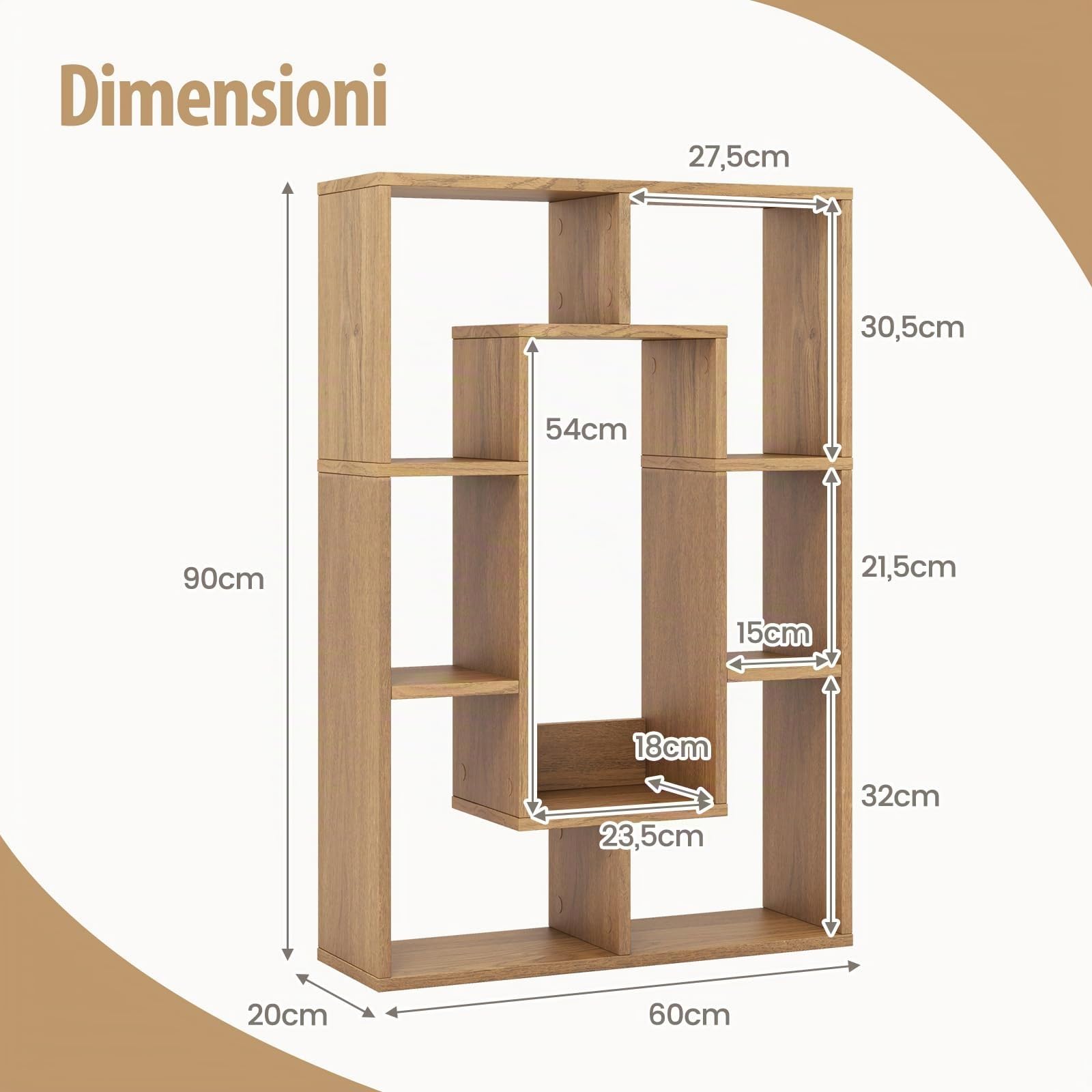 COSTWAY Libreria in Legno, Scaffale Aperto Geometrica a 7 Cubi, Scaffale da Esposizione con Dispositivo Anti-Ribaltamento, per Ufficio Soggiorno Camera da Letto, 60x20x90 cm (Naturale)