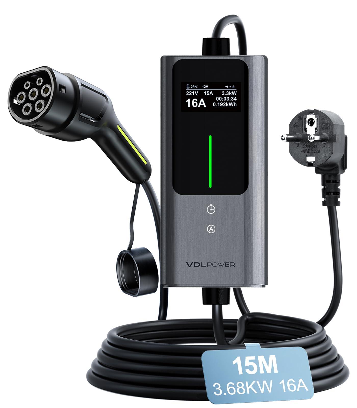 Typ 2 Ladekabel Schuko, 3.6 KW Ladekabel Auto 6/8/10/13/16A, 15M EV Ladegerät Typ 2 mit LCD-Digitalanzeige (3.68KW-15M)