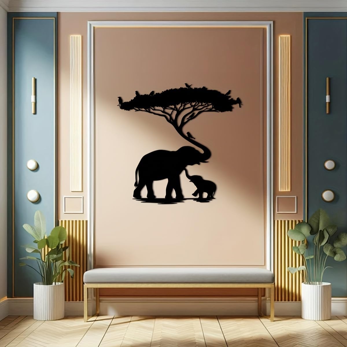 Decoración de pared abstracta contemporánea de metal, escultura Art Déco de madre y bebé elefante: elegante para el hogar moderno, regalo creativo para inauguración de casa, ideal 15.75" x 15.13"
