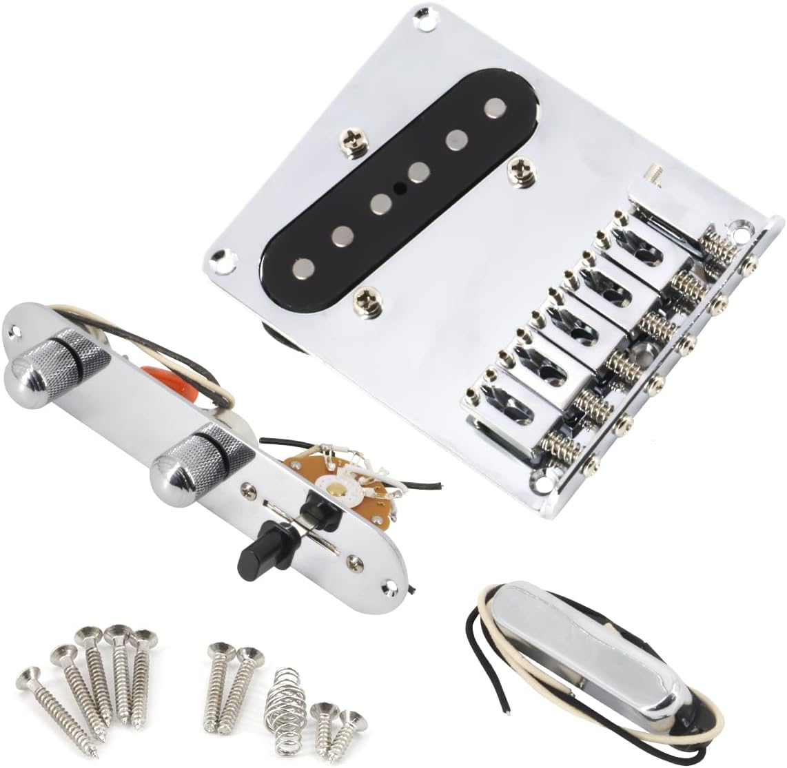 6 Strings Saddle Bridge Plate Prewired 3 Way Switch Control Plate Neck Pickup Set for Squier Telecaster Electric Guitar Replacement Parts Chrome