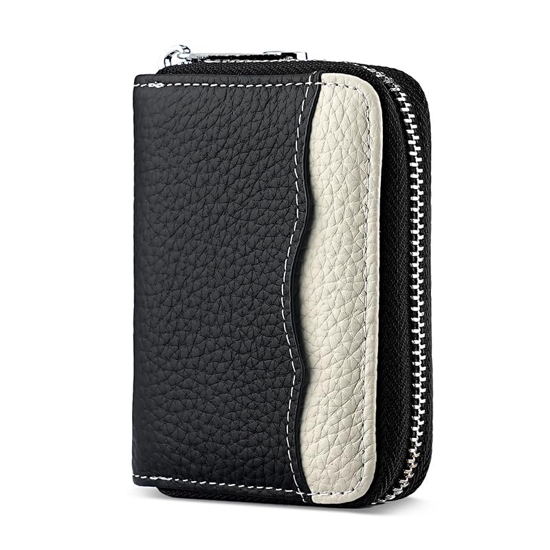 Image of Linno RFID 20 Slots Credit Card Holder Genuine Leather Small Wallet for Women or Men with Zipper, New Black, 4.1 x 3.3 x 1.18 inches, Fashion Accordion Card Case