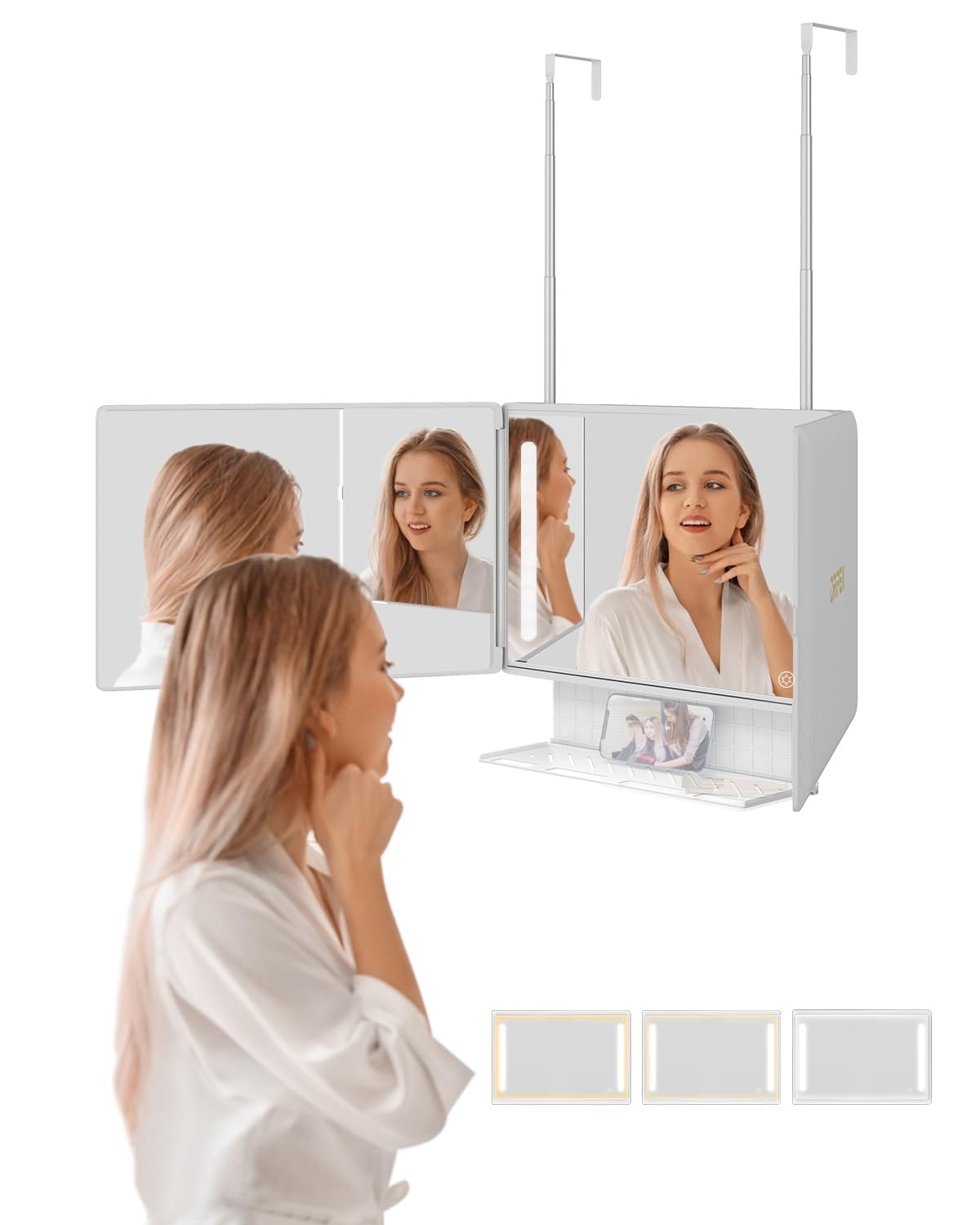 Dripex 3 Way Mirror with Storage Shelf and 3 Color LED Lights, Rechargeable Trifold Self Haircut 360° Mirror with Height Adjustable Hooks, for Makeup, Styling, Shaving, Braiding, Dye Hair (White)