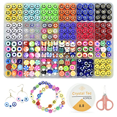 JOJANEAS Cute Beads 12 Colors Acrylic Smiley Face Beads Bracelet Making Kit 240Pcs Fruit Flower Polymer Kit for Jewelry Making Phone Pendant Making Kit…