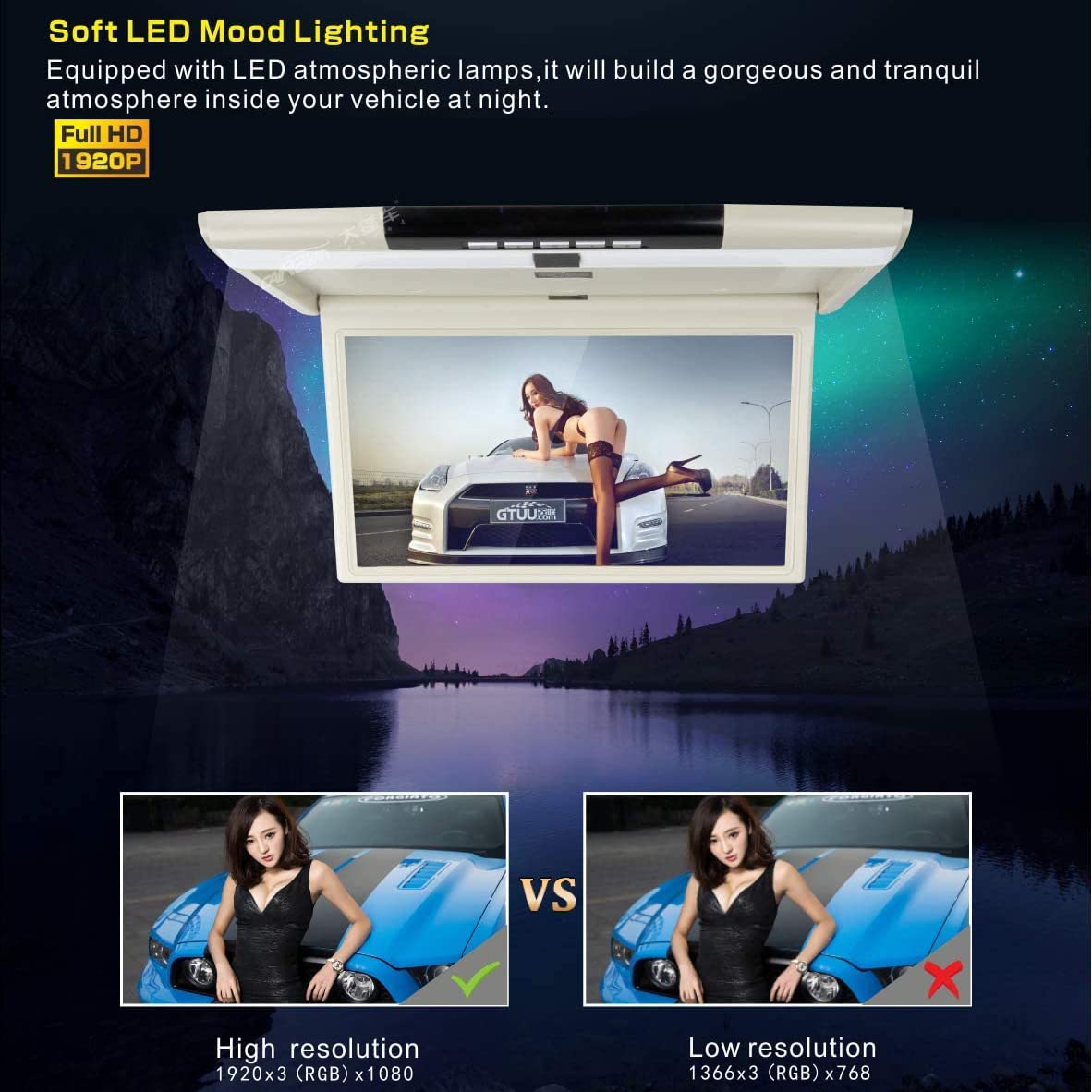 Supporto per tettuccio Flip Down Video Monitor per auto, Display ad alta risoluzione Monitor per supporto HDMI FM trasmettere SD/USB Ingresso 17,3" (nero)