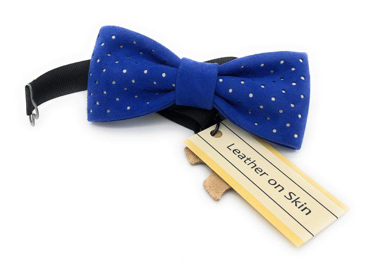 Papillon uomo in Vera Pelle - fatto a mano - Blu reale e pois bianchi